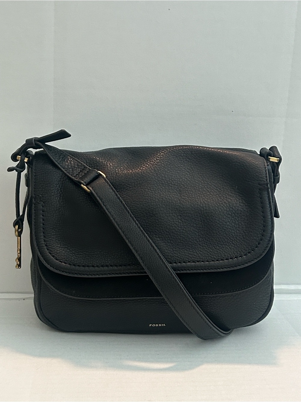 Fossil Peyton Double Flap Crossbody bag in black pebbled leather